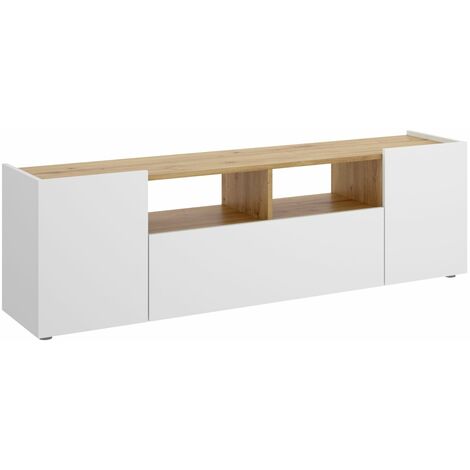 Dekit – Mueble TV bajo para televisores de hasta 65" – Tablero melaminizado – Medidas 44cm alto x 142cm ancho x 35cm profundo – Acabado blanco (1/4)