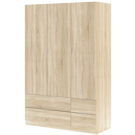 Armario 3 puertas 4 cajones roble canadiense – 200 cm alto x 135 cm ancho x 52 cm profundo – Barra de colgar extraíble – Bisagras metálicas – Fores (1/3)