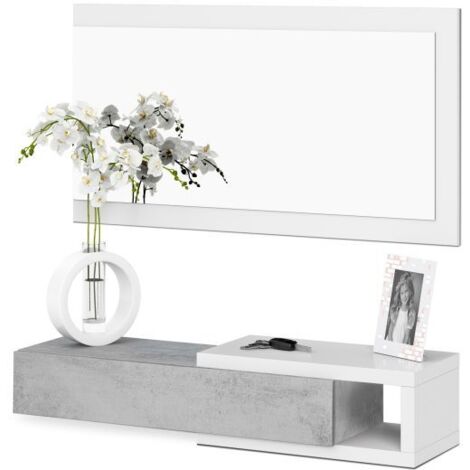 Mueble Recibidor Noon Estilo Industrial en Color Blanco y Cemento con Espejo y Pequeño Hueco 95x19x26 cm