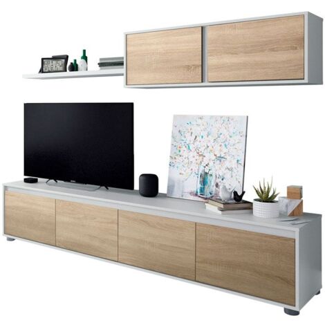 Conjunto para Salón con mueble TV, módulo superior y estante en color Roble Canadian y Blanco Mate 200cm