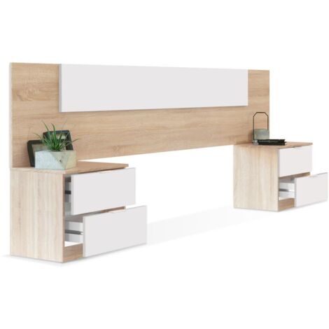 Cabecero Dormitorio Matrimonio con 2 mesitas Blanco y Roble con mesillas incluídas 247x95x38 cm