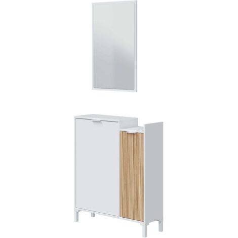 Mueble Recibidor Para Entrada Con Espejo Ethna Blanco Artik Y Natur Diseño Moderno 77x24cm (1/8)