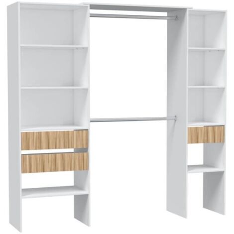 Mueble vestidor moderno 190x187x40 cm – Melamina blanca y natur – 2 columnas con 10 compartimentos y 2 cajones – Barras de colgar – Fores (1/10)