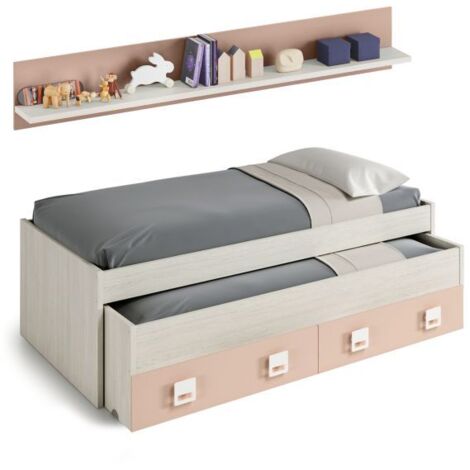 Cama Nido Nube con Estantería habitación Infantil Juvenil Color Blanco Alpes y Rosa Pastel 199x69x96 cm (1/10)