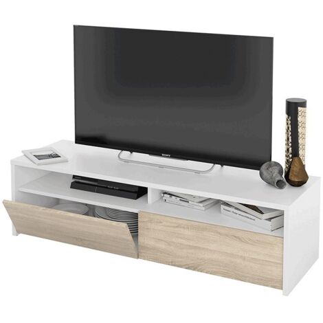 Mueble de Tv multimedia con 2 Puertas Abatibles en Color Blanco Artik y Roble Canadian 130 cm