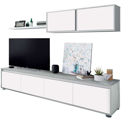 Hogar24 – Mueble TV salón comedor Alida – Diseño industrial blanco y cemento – 2 módulos con 4 puertas y estante – Medidas 200x41 cm (1/10)