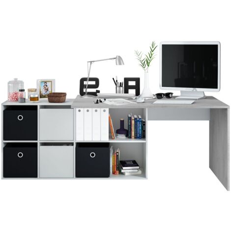 Mesa escritorio rinconera blanca artik y cemento – 74x203x66 cm – 2 puertas y 4 huecos de almacenamiento – Madera melamina (1/10)
