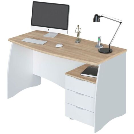 Mesa escritorio blanco mate y roble canadian 136x67x74 cm – Diseño moderno con cajonera de 3 espacios – Mobiliario de oficina – Mirakemueble (1/10)