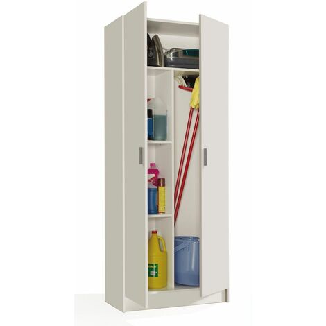 Buyqualia Armario hogar escobero Multiusos Dos Puertas en Color Blanco  (Alto 170 cm/Ancho 61 cm/Fondo 32 cm)