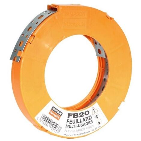 Simpson Strong Tie – Feuillard perforé acier 20mm x 10m épaisseur 0,9mm – Pour antiflambement charpentes – Fixation sur bois, béton, acier – FB20 - 20mmx10Mx (1/10)