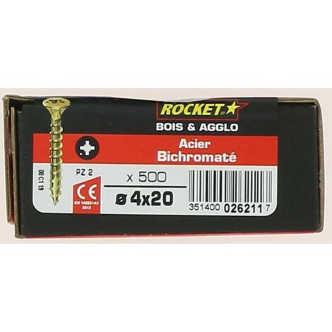 Rocket – Vis à bois étoile Bichro 4x20 mm – Boîte de 500 pièces – Pointe effilée pour fixation sans fendage – Acier bichromaté lubrifié