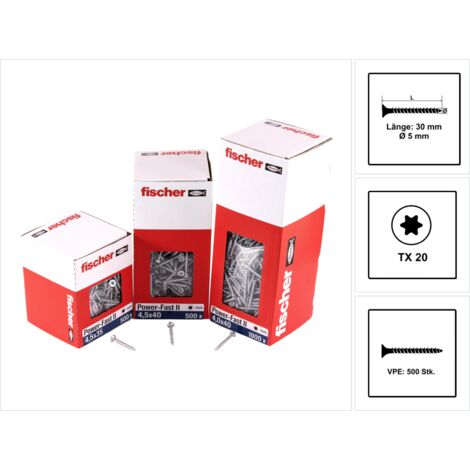 Fischer 500x Power-Fast II FPF II CTF 5 x 30 mm BC tête fraisée avec étoile interne TX20 filetage complet électro-galvanisé passivé bleu - 670351