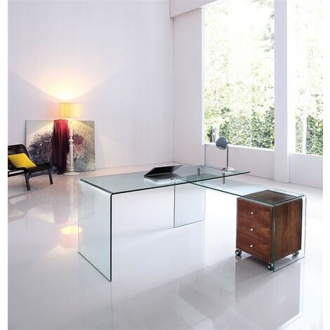 Mesa de oficina acero, aluminio y cristal con mueble a la derecha