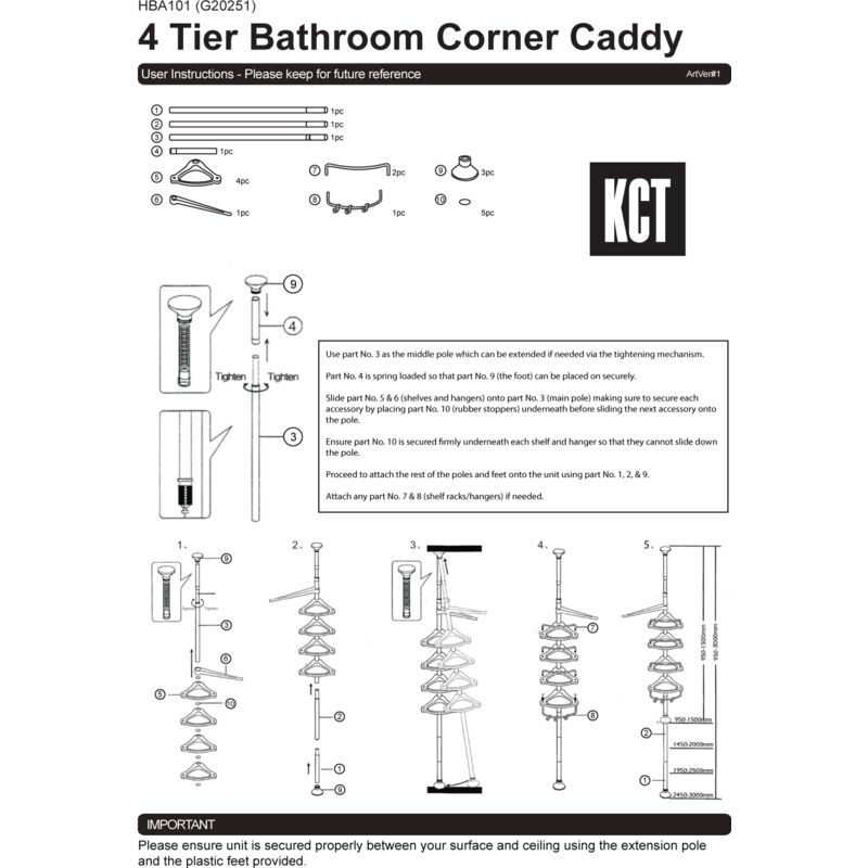 KCT Bathroom Corner Storage Shelf Adjustable Caddy 4 Tier Shower Organiser 