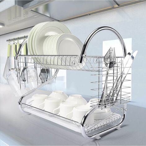 Égouttoir à vaisselle 2 étages Porte-couverts Bac de récupération crochets  pour tasses et assiettes en