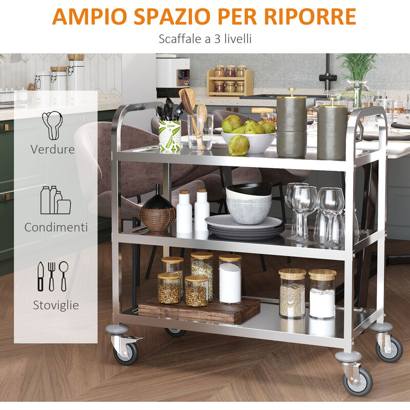 EASYCOMFORT Carrello da Cucina a 3 Ripiani con Vassoio Rimovibile