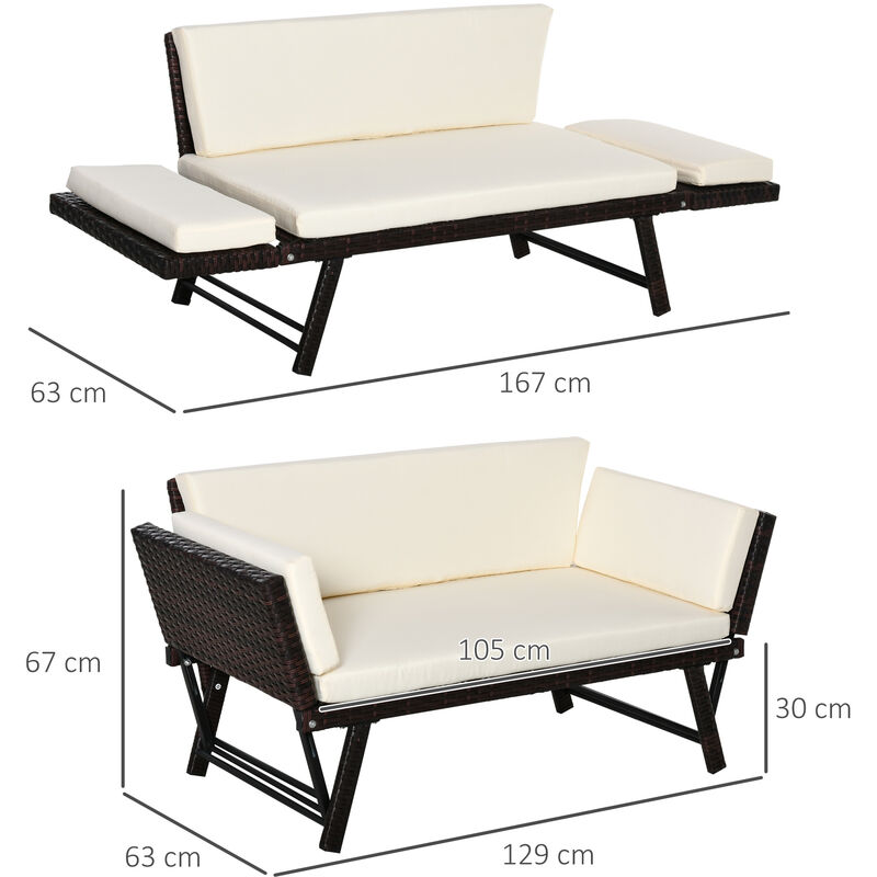 Outsunny Set 2 Lettini Prendisole con 1 Tavolino in PE Rattan Grigio con  Materassini 195x60x86cm