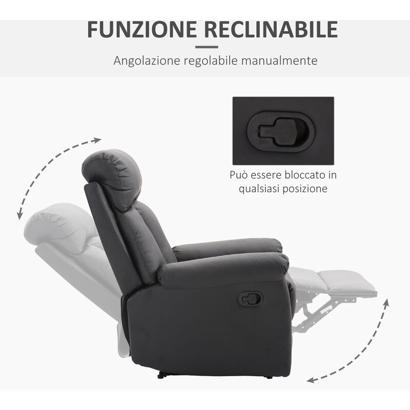 HOMCOM Poltrona Relax Reclinabile con Poggiapiedi Moderna Portata 120kg Ecopelle 67 × 89 × 110cm Nero 
