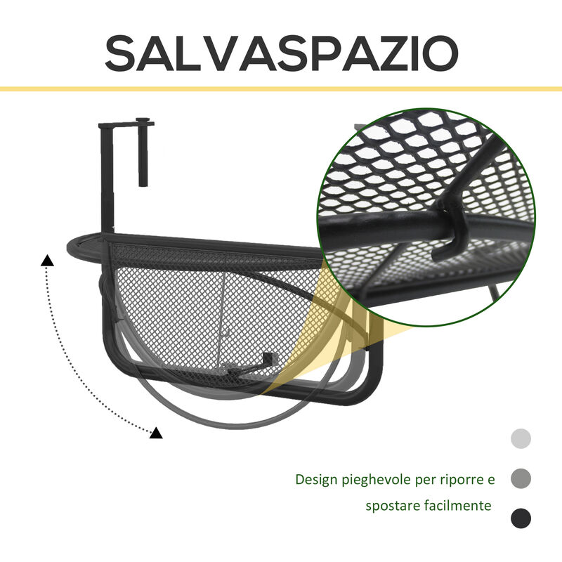 Outsunny Tavolo da Ringhiera Pieghevole in Metallo, Tavolino da Balcone con  Altezza Regolabile per Ringhiere 3-11cm, 60x60x57-72cm, Nero