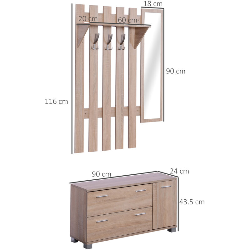 HOMCOM Set da Ingresso in Truciolato con Appendiabiti a 3 Ganci, Specchio da  Ingresso e Panca Scarpiera per 8 Paia