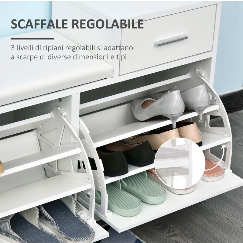 HOMCOM Mobile Scarpiera per 12 Paia di Scarpe con Panca Imbottita Legno  Bianco