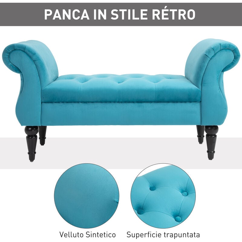 HOMCOM Panca Fondoletto Azzurra Rétro Imbottita con Braccioli 117 x 40 x  58cm