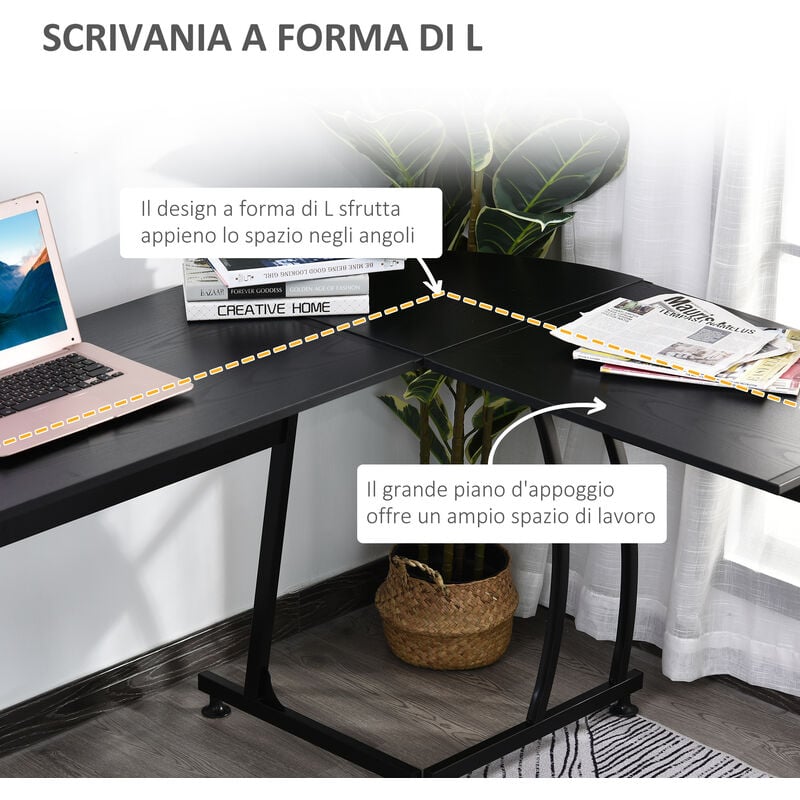 HOMCOM Scrivania Gaming Angolare in Legno e Metallo, Nera, 112.5 x 152 x  74cm