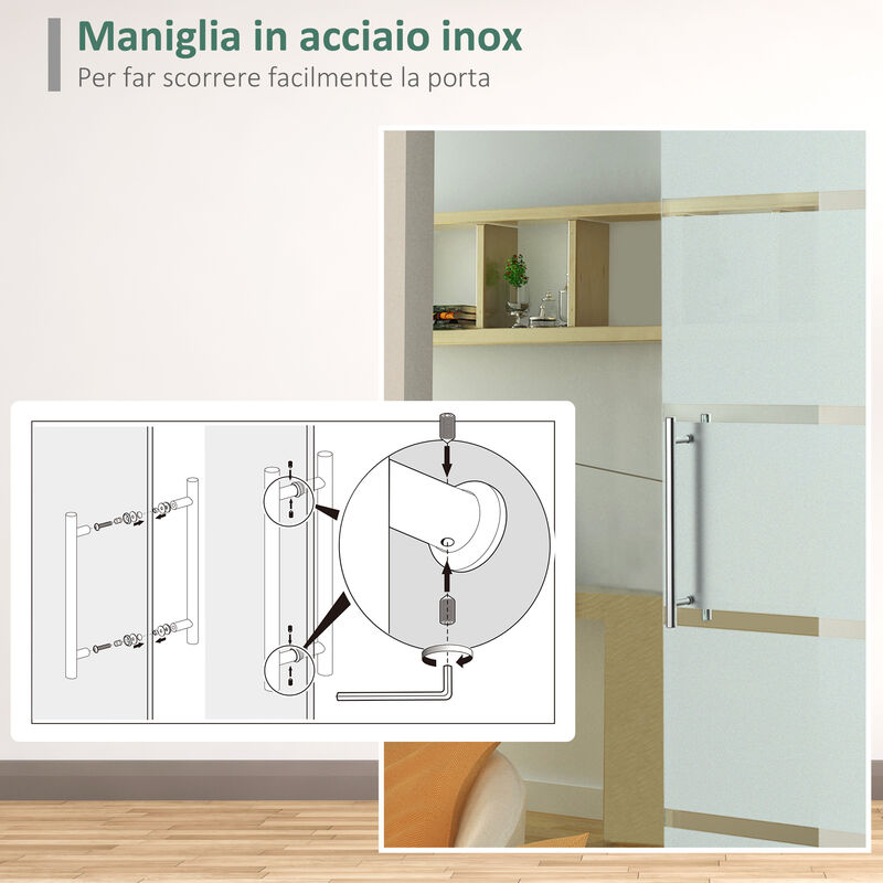 Il numero 1 del risparmio-PORTA SCORREVOLE IN VETRO SATINATO E STRISCE  TRASPARENTI CON BINARIO 205X90CM