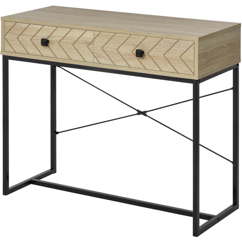 HOMCOM Tavolo Consolle Vintage in Legno e Metallo Nero con 2 Cassetti  90x35x76cm