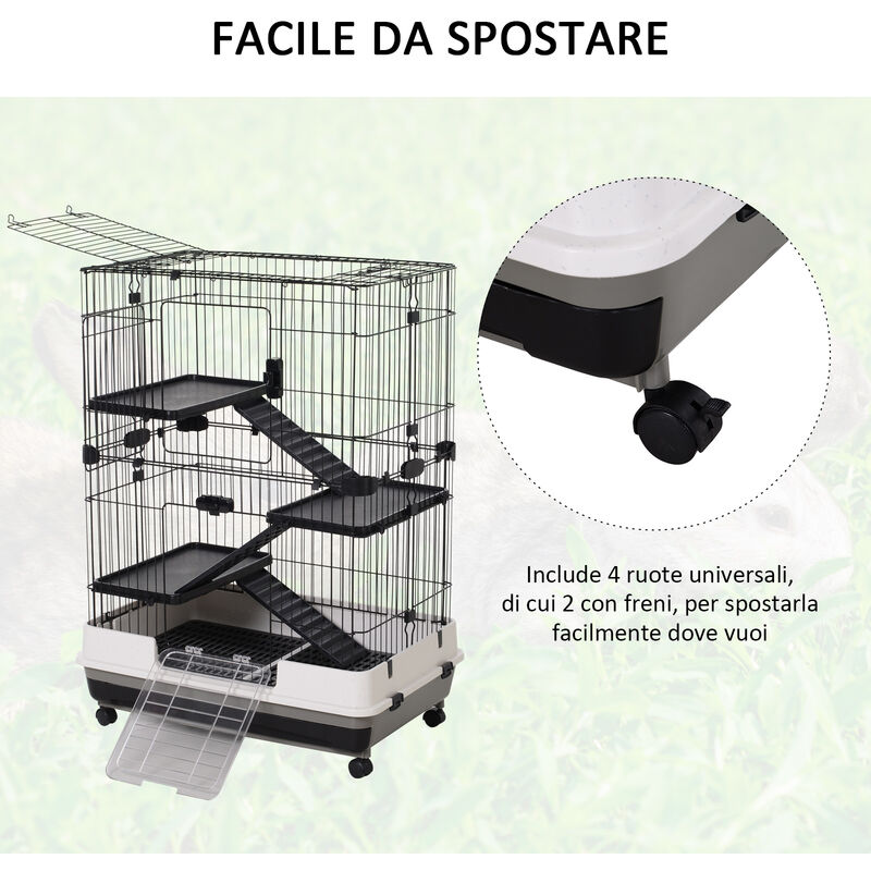 PawHut Gabbia Per Coniglio Con Ruote - 102x60x63,5 Cm, Legno E Metallo, Grigio - Foto 6