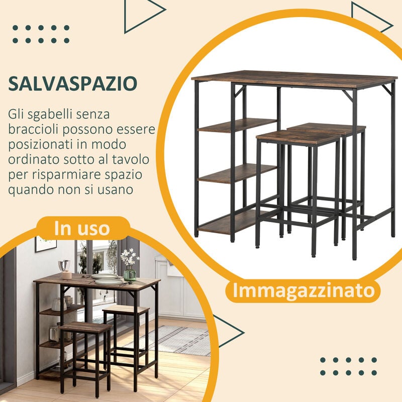 EASYCOMFORT Set Tavolo Alto con 2 Sgabelli e Scaffale Stile Industriale in  Metallo e Legno Marrone Rustico