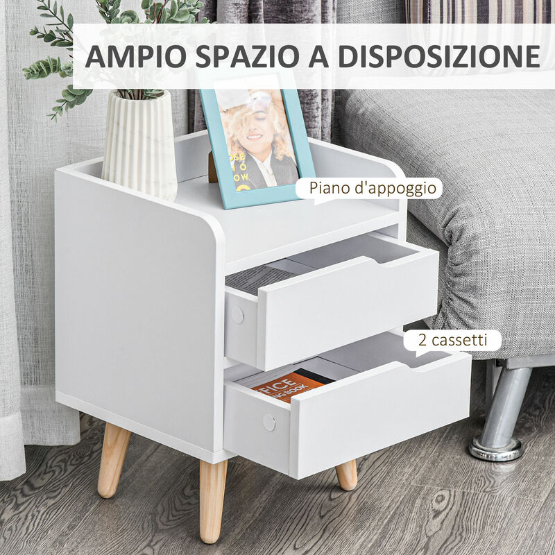 HOMCOM Comodino Salvaspazio Design Moderno in Legno Bianco con 2 Cassetti