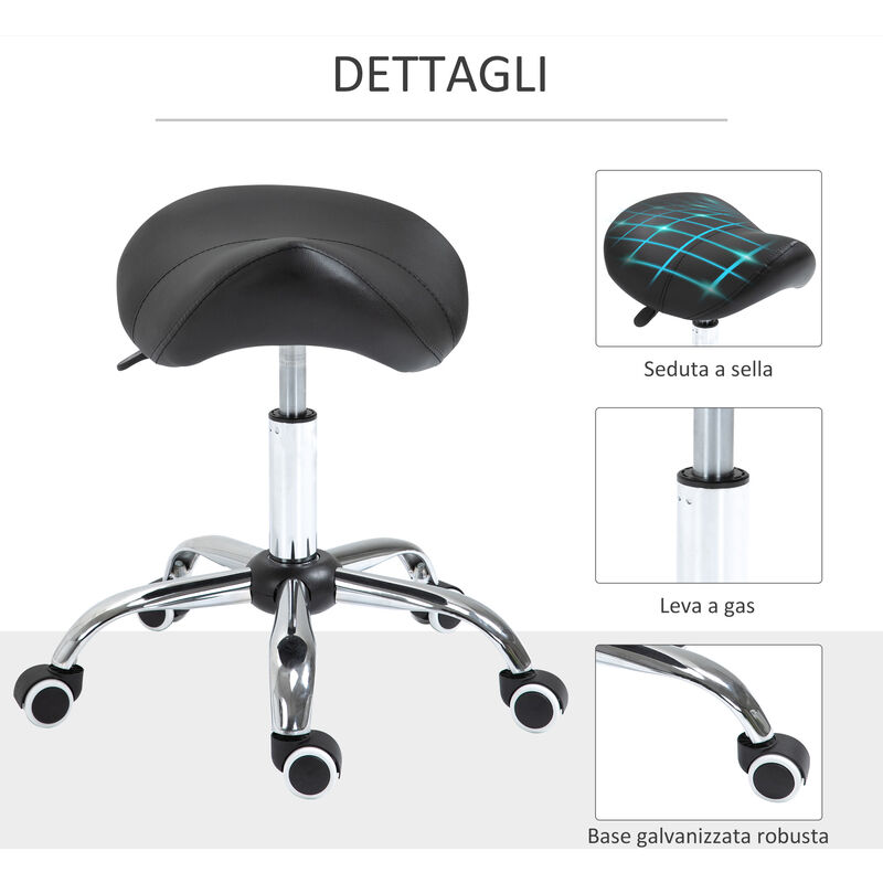 Sgabello a sella con seduta con schienale - Altezza regolabile e ruote -  Nero