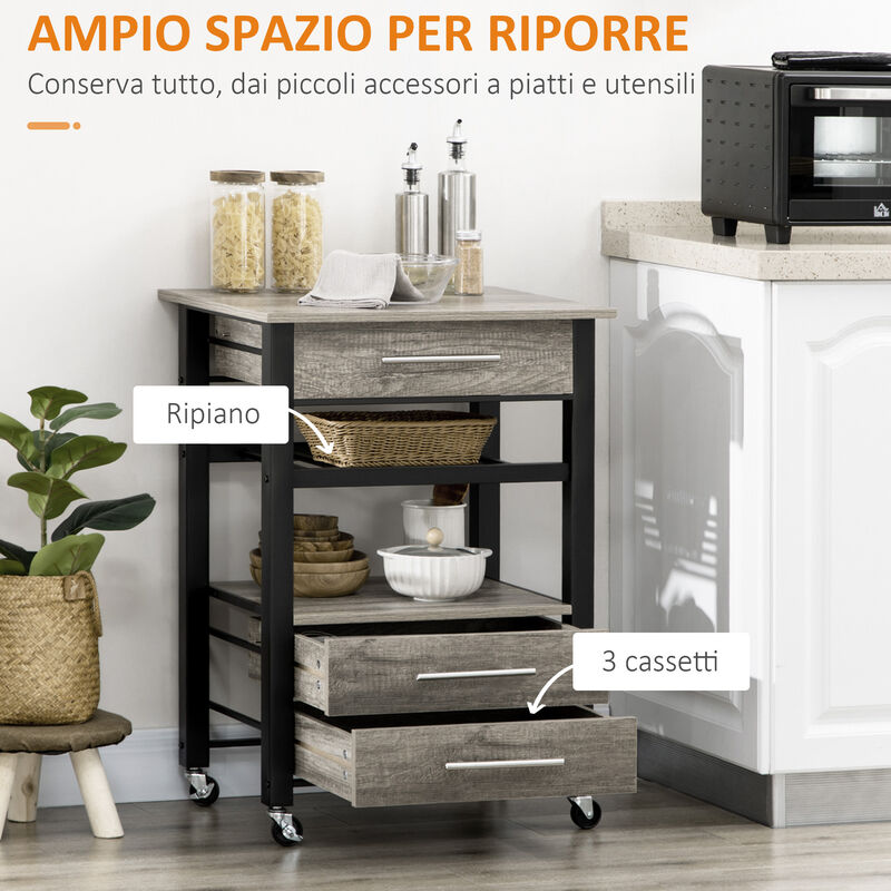 HOMCOM - Carrello Da Cucina Portavivande Con 3 Cassetti E Mensola,  Mobiletto Multiuso In Legno Truciolare, 60x50x84.5cm, Quercia - ePrice