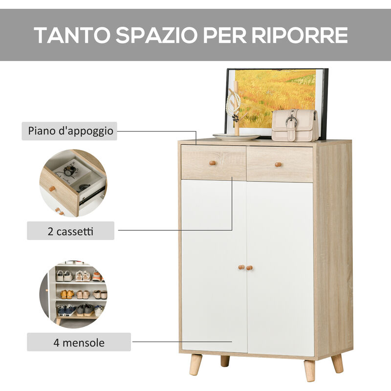 HOMCOM Mobile Scarpiera Salvaspazio con Ripiani e Cassetto per 12 Scarpe,  88x30x93cm, Bianco