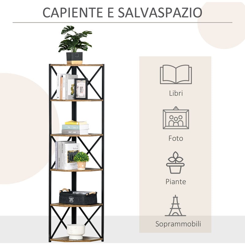 HOMCOM Libreria Scaffale Angolare a Muro Stile Industriale con 5 Ripiani  Marrone