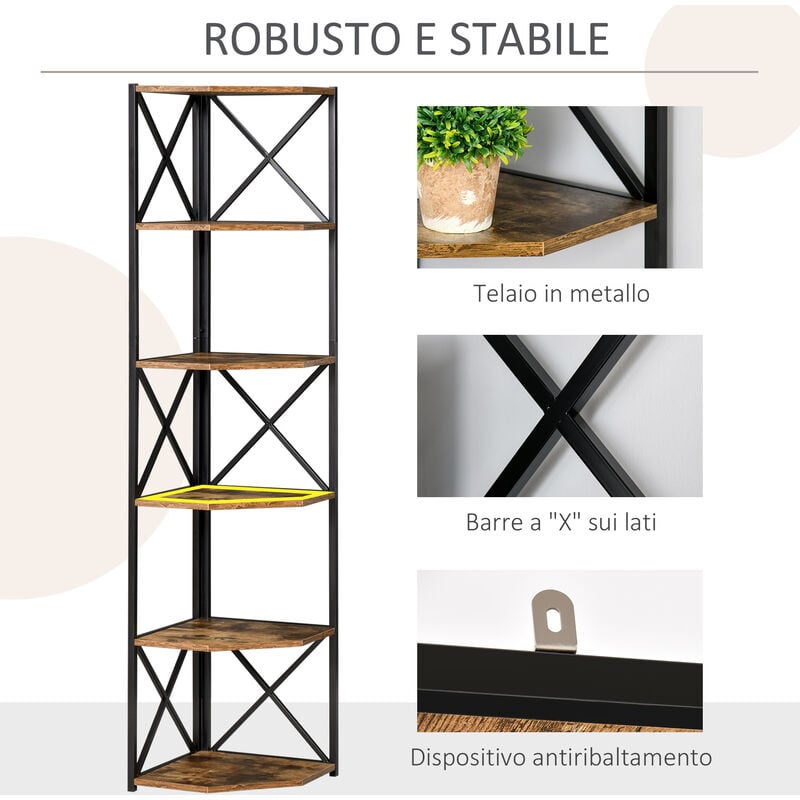 HOMCOM Libreria Scaffale Angolare a Muro Stile Industriale con 5 Ripiani  Marrone