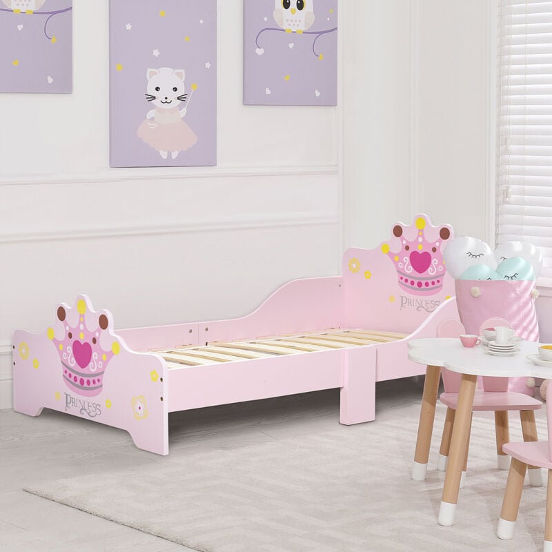 HOMCOM Lettino per Bambini in Legno Rosa con Bordi Alti Età 3-6 Anni  143x73x60cm