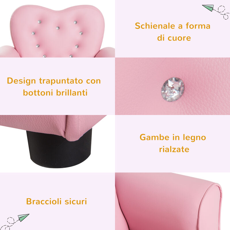 HOMCOM Poltroncina per Bambini Imbottita Rivestimento in PVC e Brillanti  Rosa