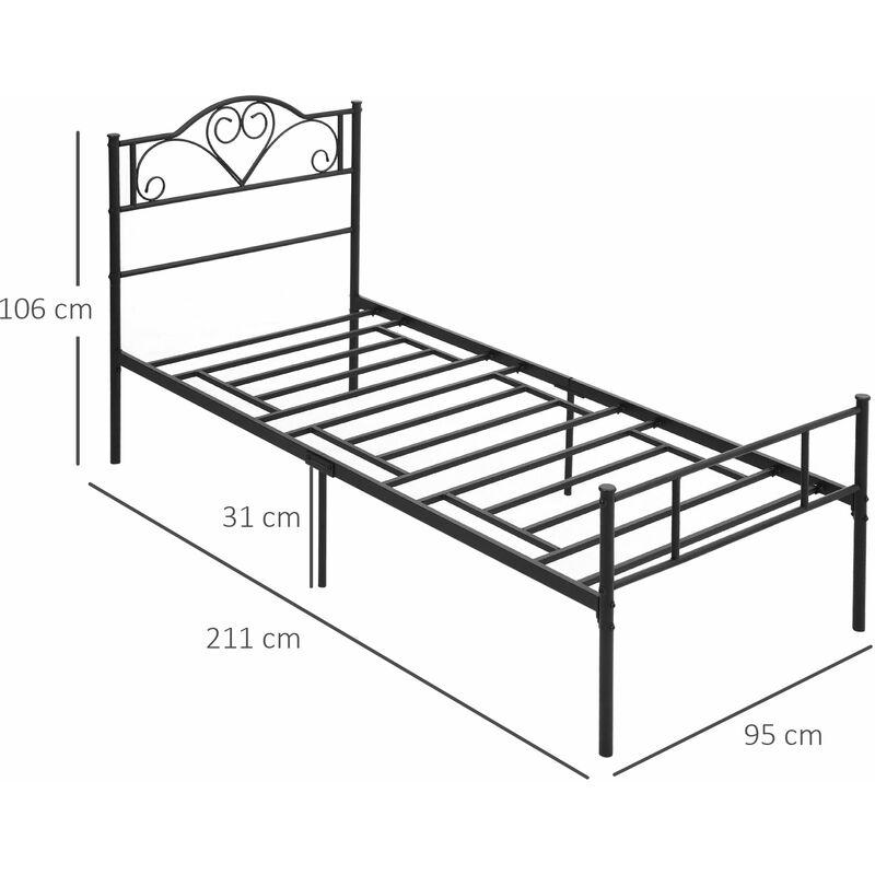 DecHome Struttura Letto Singolo in Acciaio con Doghe Integrate Testiera e  Pediera 90x200cm - 415831