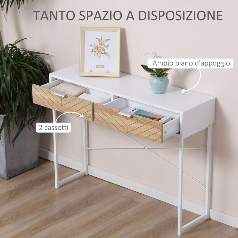 HOMCOM Tavolo Consolle da Ingresso e Soggiorno, Ripiano in Vetro, Mensola e  2 Cassetti, in Metallo e Legno, Nero e Marrone, 100x35x76cm Ingresso, Legno  Vetro