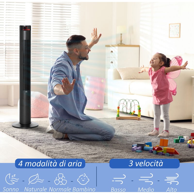 HOMCOM Ventilatore a Torre con 3 Velocità 4 Modalità, 45W, Timer 12h,  Ventilatore a Colonna con Oscillazione 70°, Pannello LED e Telecomando,  Bianco Modalità 12h Telecomando