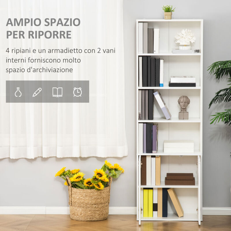 Libreria Da Parete 5 Ripiani Bianca - In Legno E PVC, 38x33x142 Cm, Porta Fino A 15kg A Ripiano - Foto 13