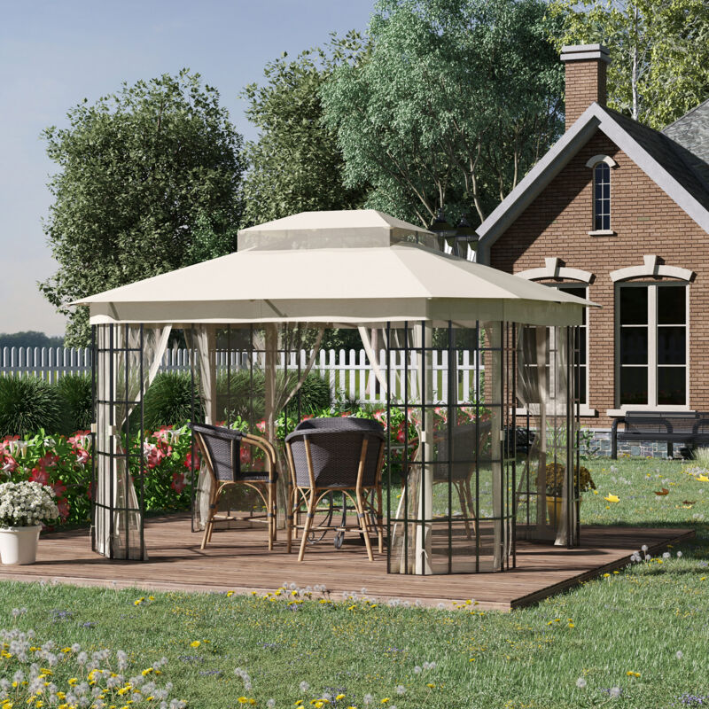 Outsunny Gazebo da Giardino 3.7x3m con Zanzariera e Tetto a 2 Livelli