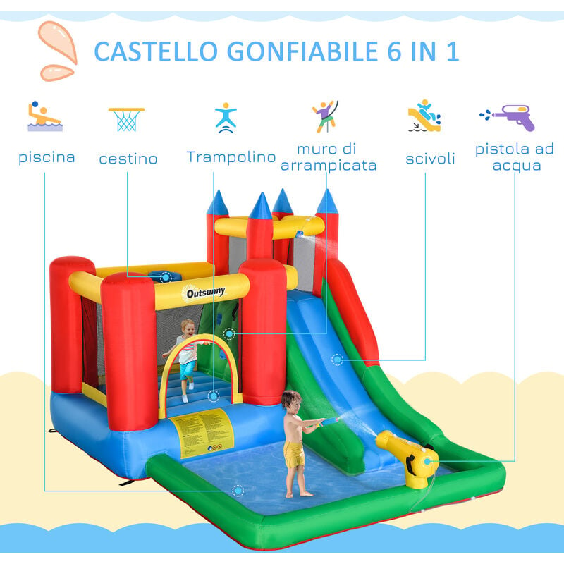 Outsunny Castello Gonfiabile per Bambini con Scivolo, Trampolino