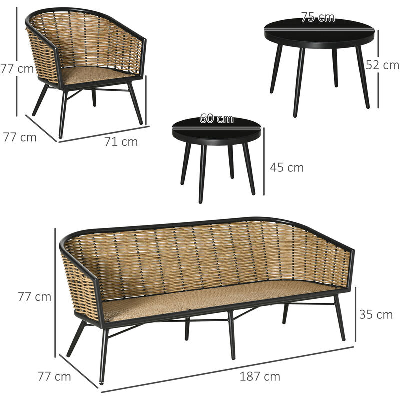 Outsunny Set Mobili da Giardino 2 Tavolini Divano 3 Posti 2 Poltrone