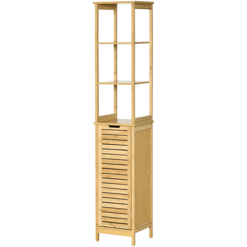 kleankin Armadietto Bagno 3 Scaffali e 1 Credenza Design a Doghe in Bambù