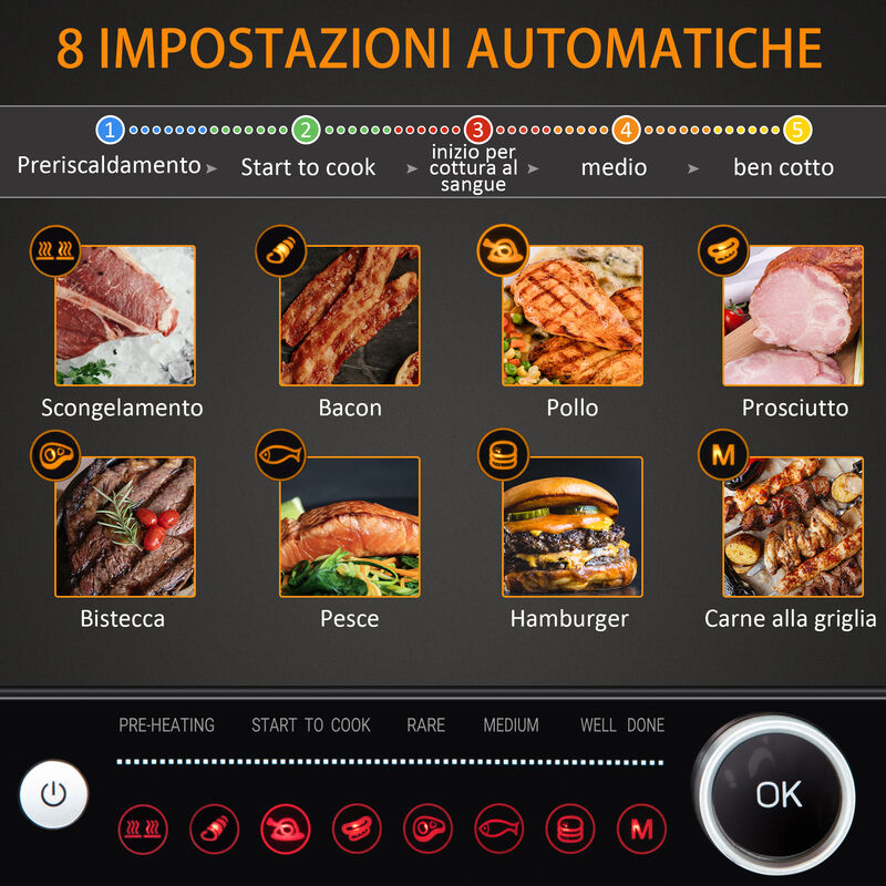 HOMCOM Bistecchiera Elettrica 2100W 8 Programmi di Cottura Apribile 95°