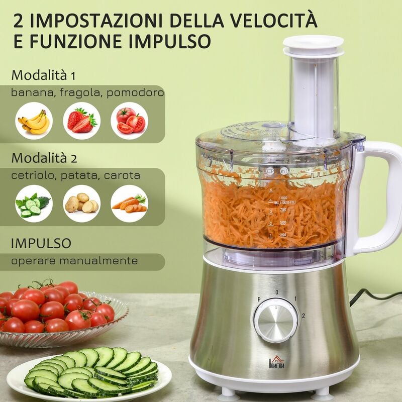 HOMCOM Mixer Cucina 500W con Caraffa da 1.5L 3 Velocità Regolabili Bianco