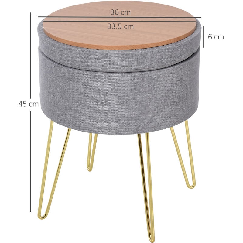 HOMCOM Pouf Contenitore 2in1 Uso Sgabello o Tavolino Tessuto Grigio e Gambe  Oro